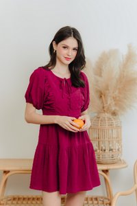 Niamh Swiss Dots Puff Sleeve Dress in Wine Red (XS)