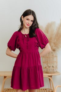 Niamh Swiss Dots Puff Sleeve Dress in Wine Red (XS)