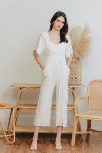 Adora Ruched Sleeve Jumpsuit in White (XXL)