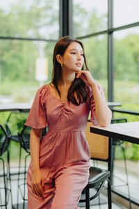 Adora Ruched Sleeve Jumpsuit in Pink