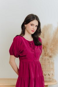 Niamh Swiss Dots Puff Sleeve Dress in Wine Red (XS)