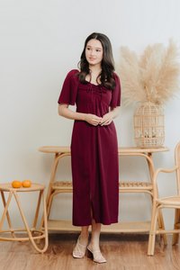Freya Ruched Midi Slit Dress in Wine Red(M)