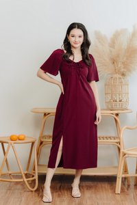 Freya Ruched Midi Slit Dress in Wine Red(M)
