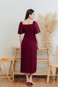 Freya Ruched Midi Slit Dress in Wine Red(M)