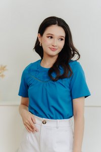 Bethany Embroidery Cotton Tee in Cyan Blue