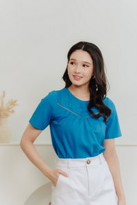 Bethany Embroidery Cotton Tee in Cyan Blue