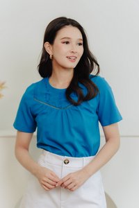 Bethany Embroidery Cotton Tee in Cyan Blue