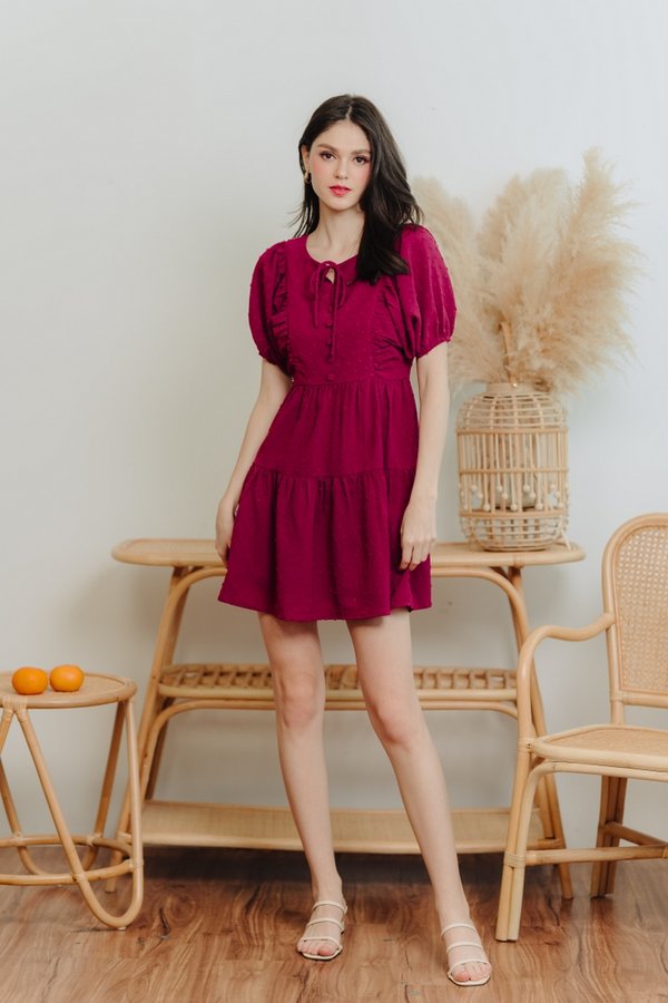 Niamh Swiss Dots Puff Sleeve Dress in Wine Red (XS)