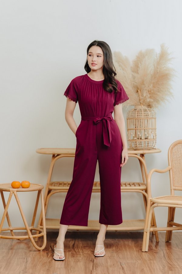 Eugenia Crochet Trimming Jumpsuit in Wine Red (XS)