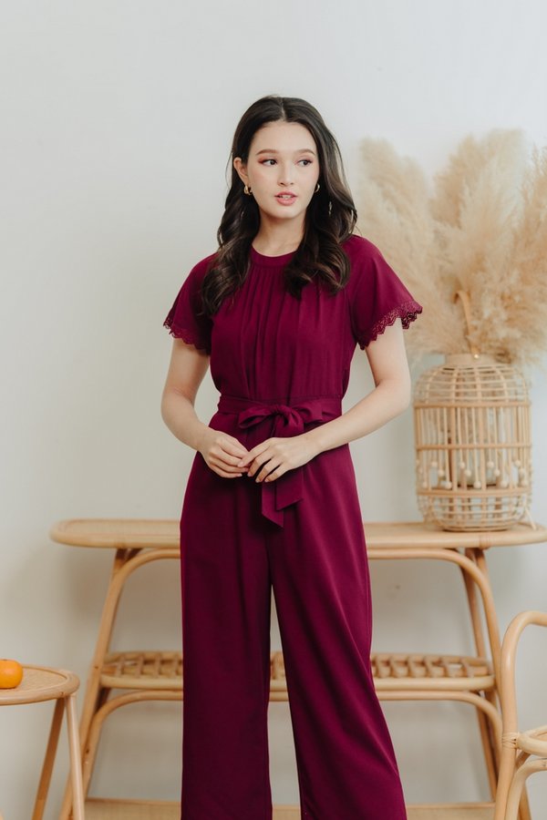 Eugenia Crochet Trimming Jumpsuit in Wine Red (XS)
