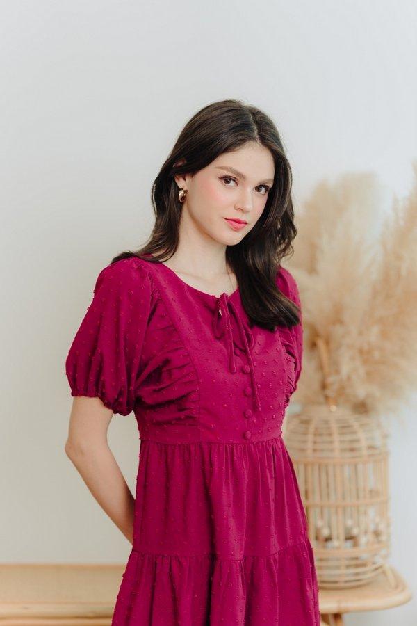 Niamh Swiss Dots Puff Sleeve Dress in Wine Red (XS)