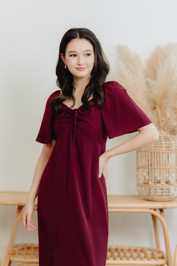 Freya Ruched Midi Slit Dress in Wine Red(M)