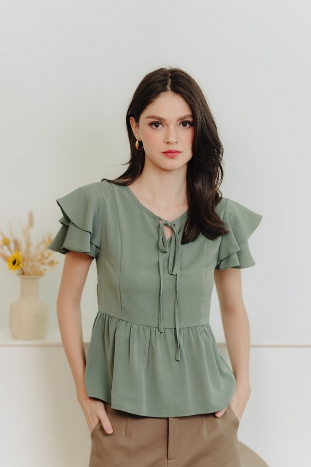 Quinn Tie Ribbon Babydoll Top in Muted Green
