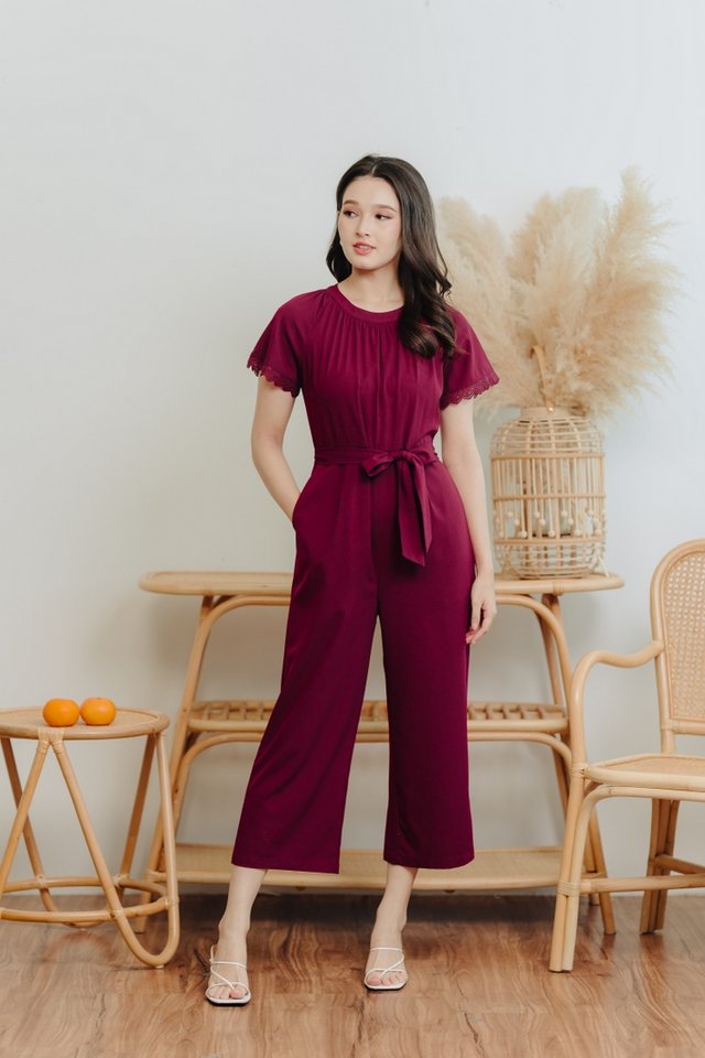 Eugenia Crochet Trimming Jumpsuit in Wine Red