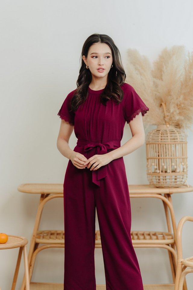 Eugenia Crochet Trimming Jumpsuit in Wine Red