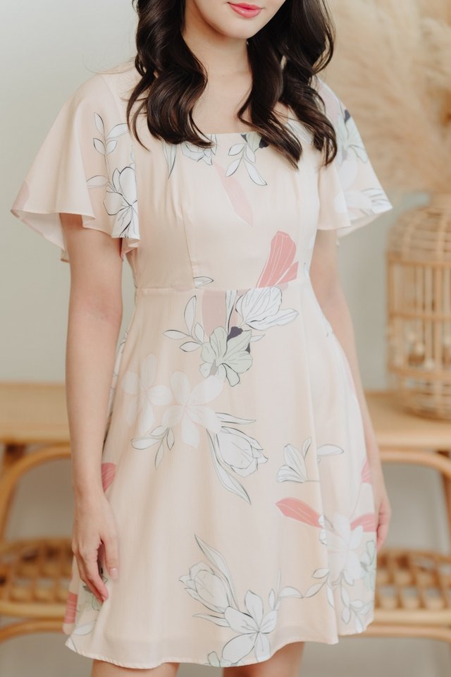 Naomi Flare Sleeves Floral Dress in Cream