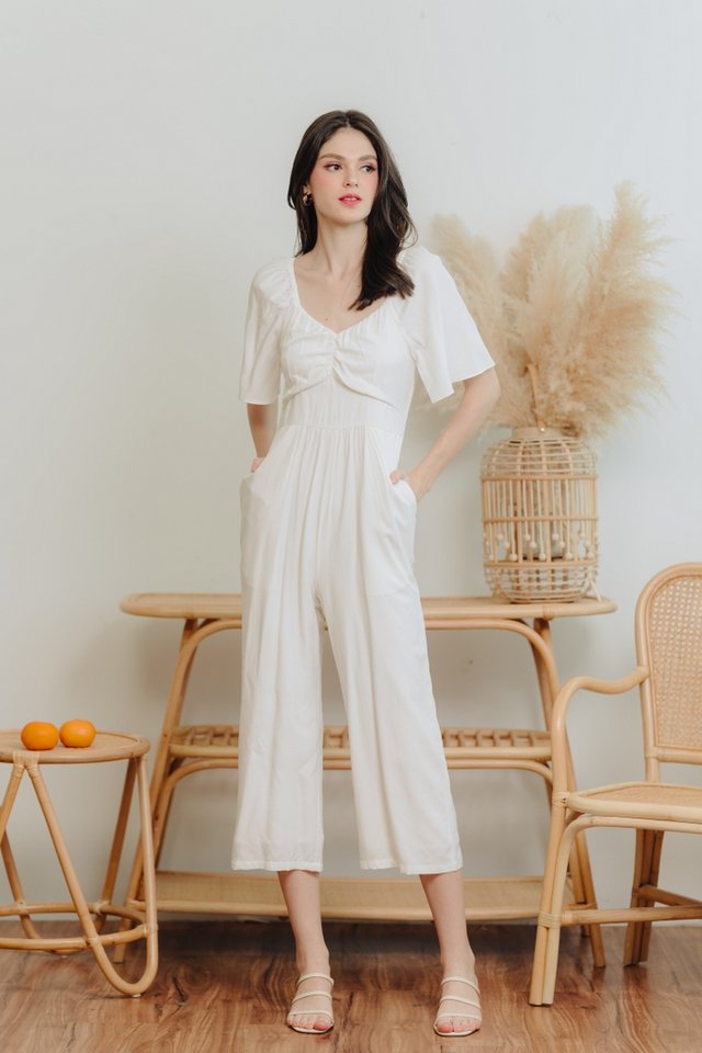 Adora Ruched Sleeve Jumpsuit in White
