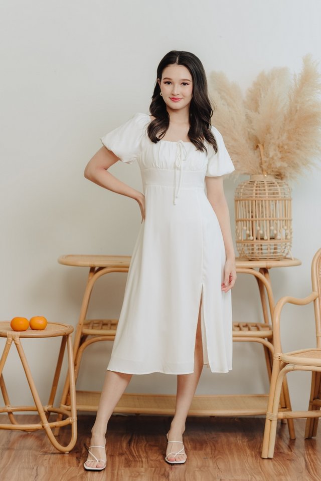 Yelena Ruched Slit Midi Dress in White (S)