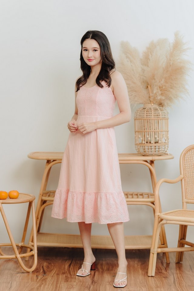 Bessy Eyelet Camisole Midi Dress in Pink 
