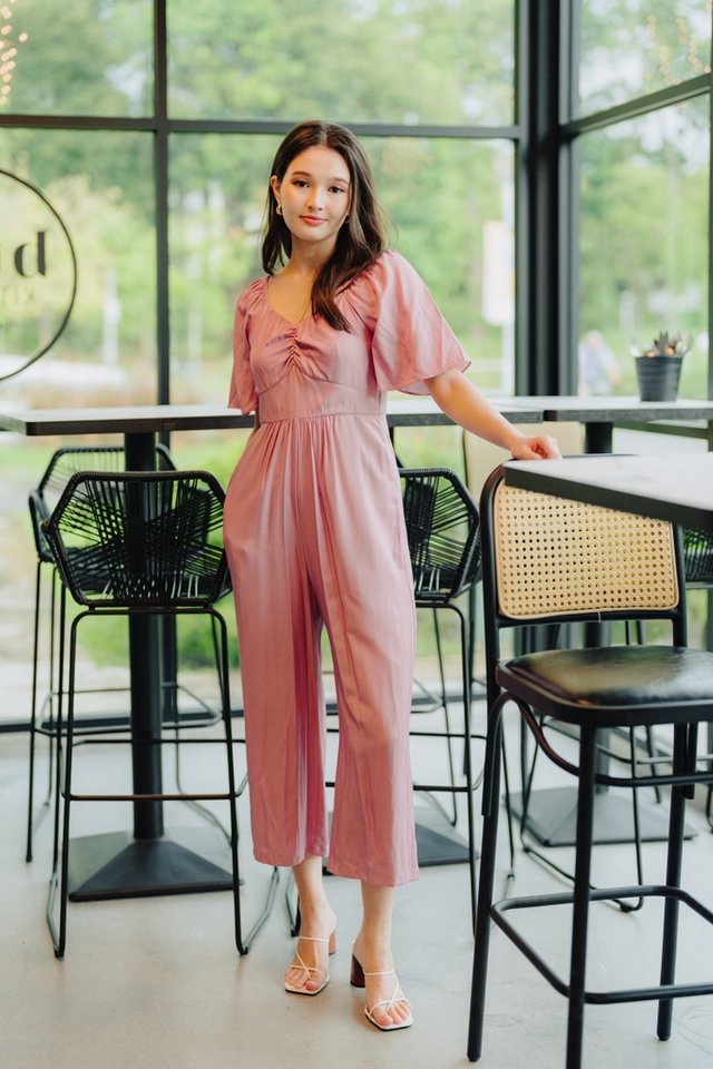 Adora Ruched Sleeve Jumpsuit in Pink 