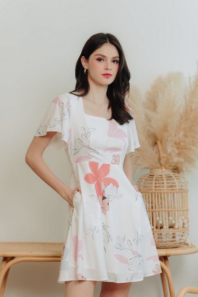 Naomi Flare Sleeves Floral Dress in White