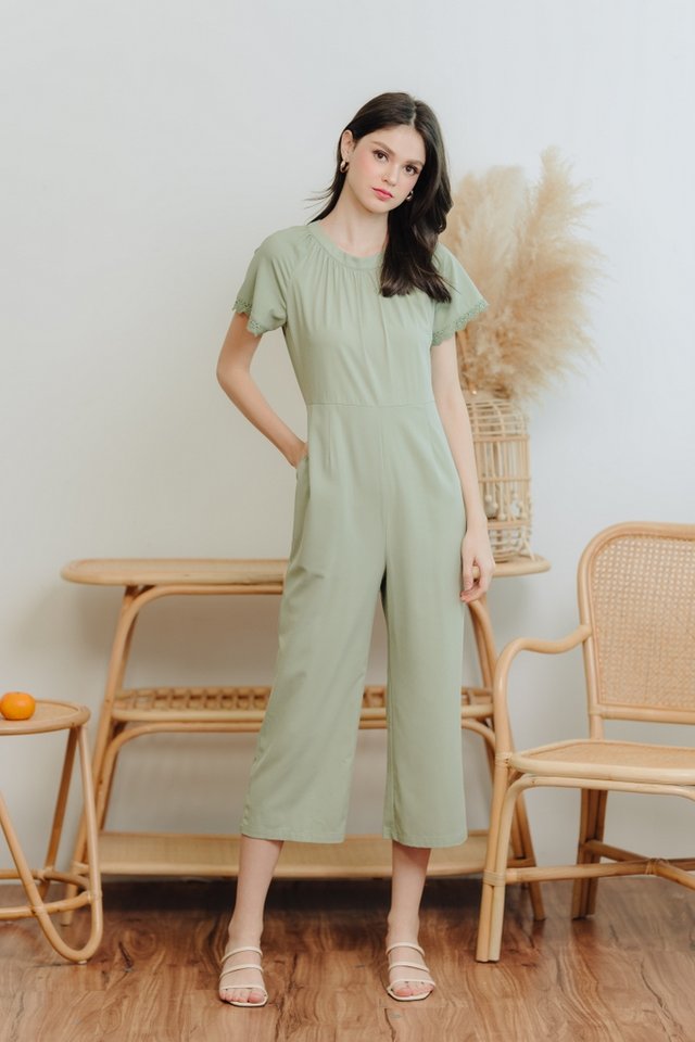 Eugenia Crochet Trimming Jumpsuit in Sage Green