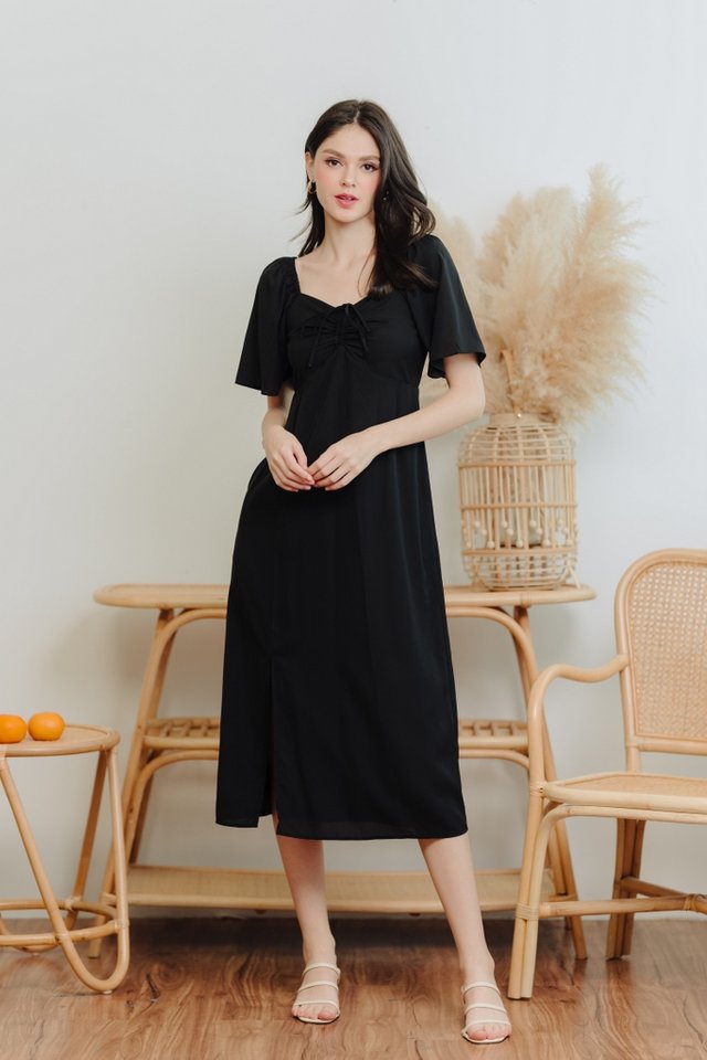 Freya Ruched Midi Slit Dress in Black