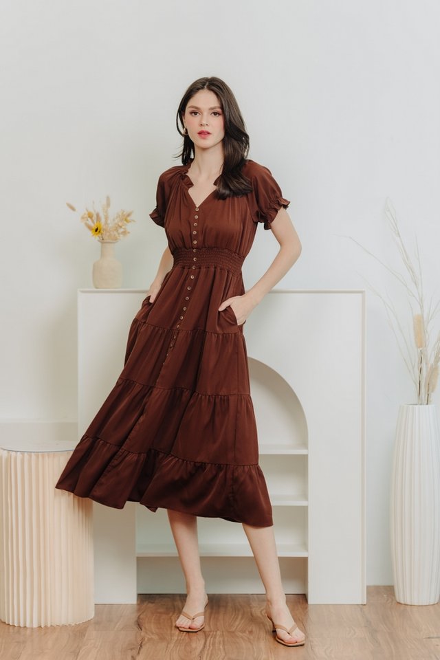 Elena Smocked Tiered Maxi Dress in Brown (S)