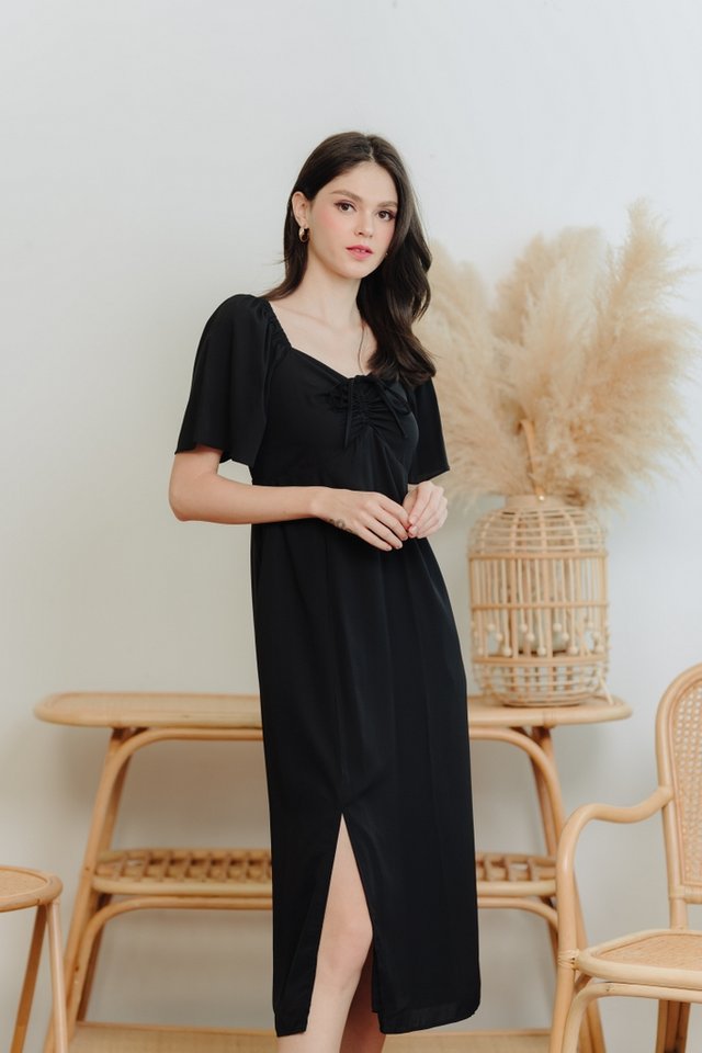Freya Ruched Midi Slit Dress in Black