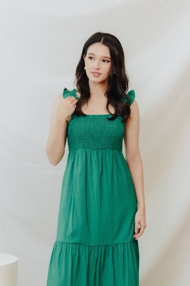 Heidi Smocked Textured Maxi Dress in Emerald Green 