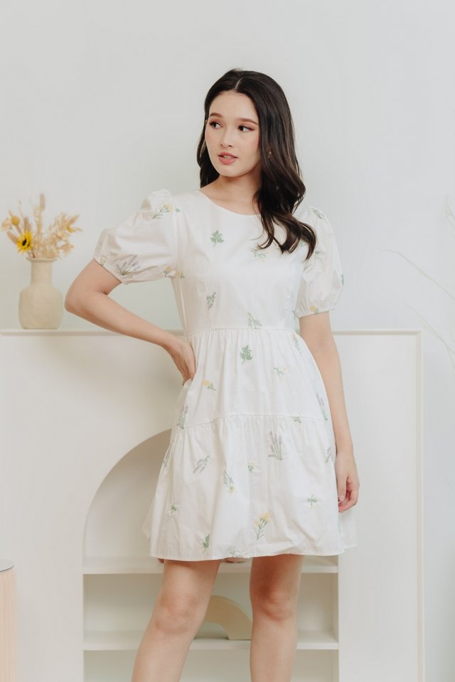 Valentina Embroidered Tiered Sleeve Dress in White