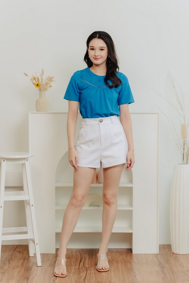 Bethany Embroidery Cotton Tee in Cyan Blue