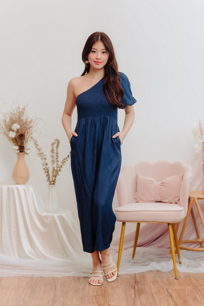 Kirby Smocked Toga Jumpsuit in Navy