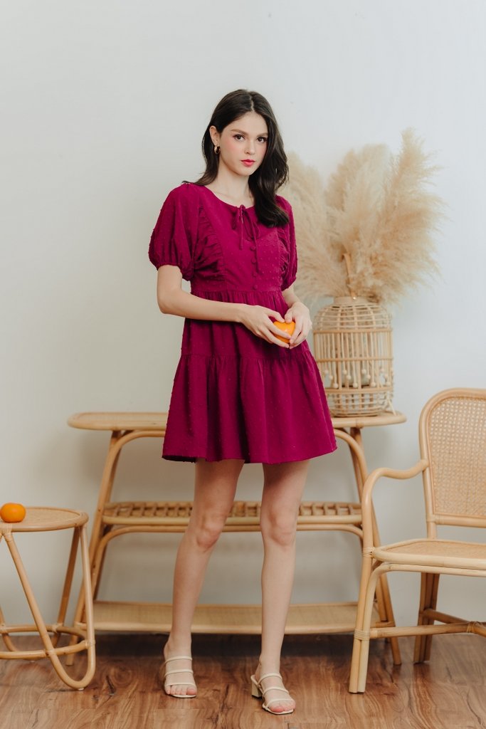Niamh Swiss Dots Puff Sleeve Dress in Wine Red (XS)