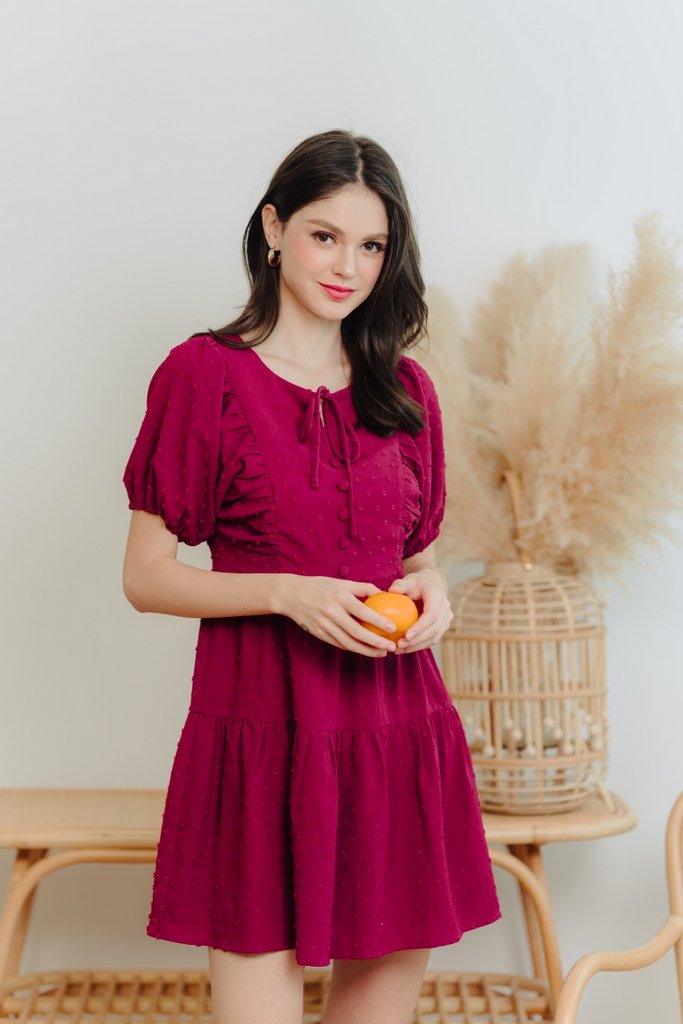Niamh Swiss Dots Puff Sleeve Dress in Wine Red (XS)