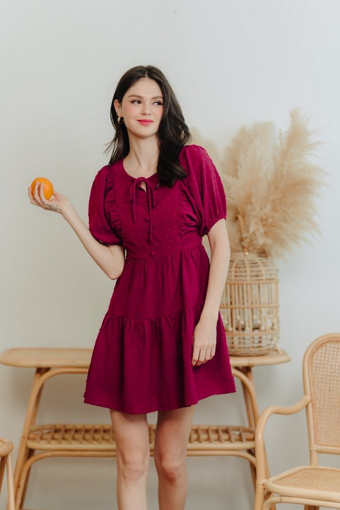Niamh Swiss Dots Puff Sleeve Dress in Wine Red (XS)