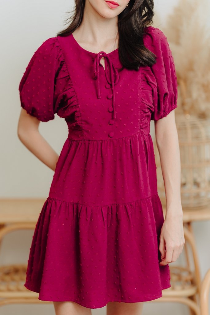 Niamh Swiss Dots Puff Sleeve Dress in Wine Red (XS)