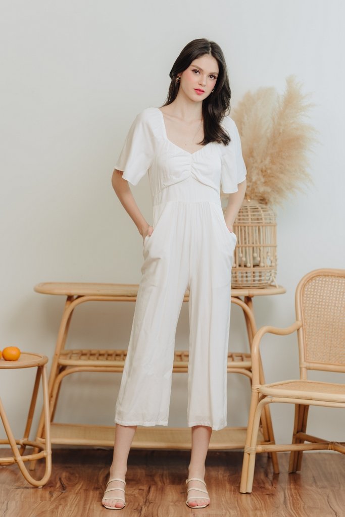 Adora Ruched Sleeve Jumpsuit in White (XXL)