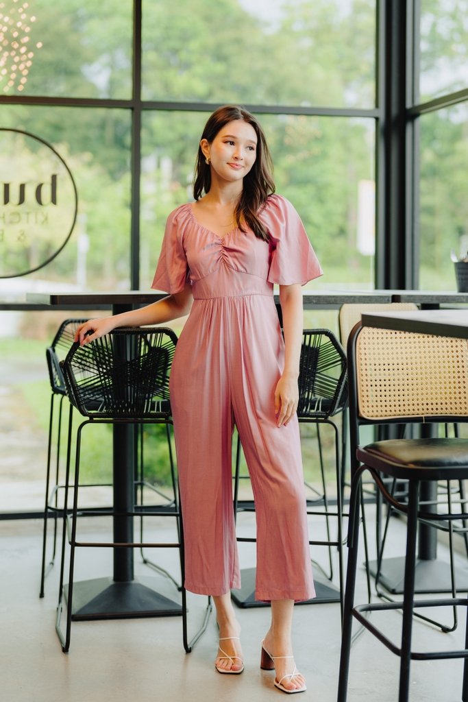 Adora Ruched Sleeve Jumpsuit in Pink