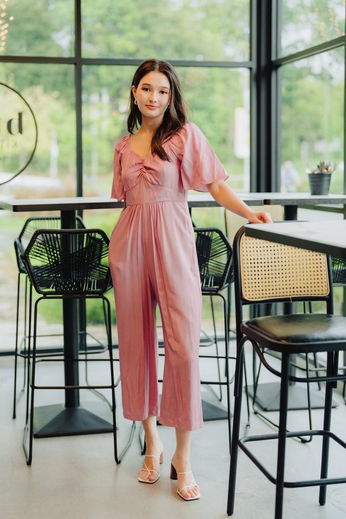 Adora Ruched Sleeve Jumpsuit in Pink