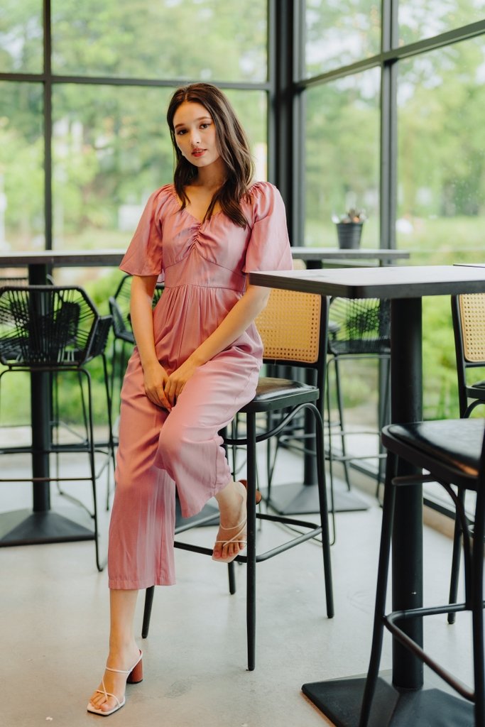 Adora Ruched Sleeve Jumpsuit in Pink