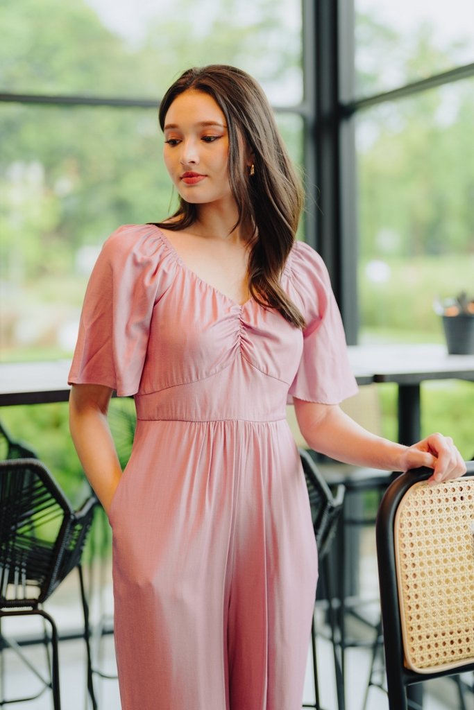 Adora Ruched Sleeve Jumpsuit in Pink