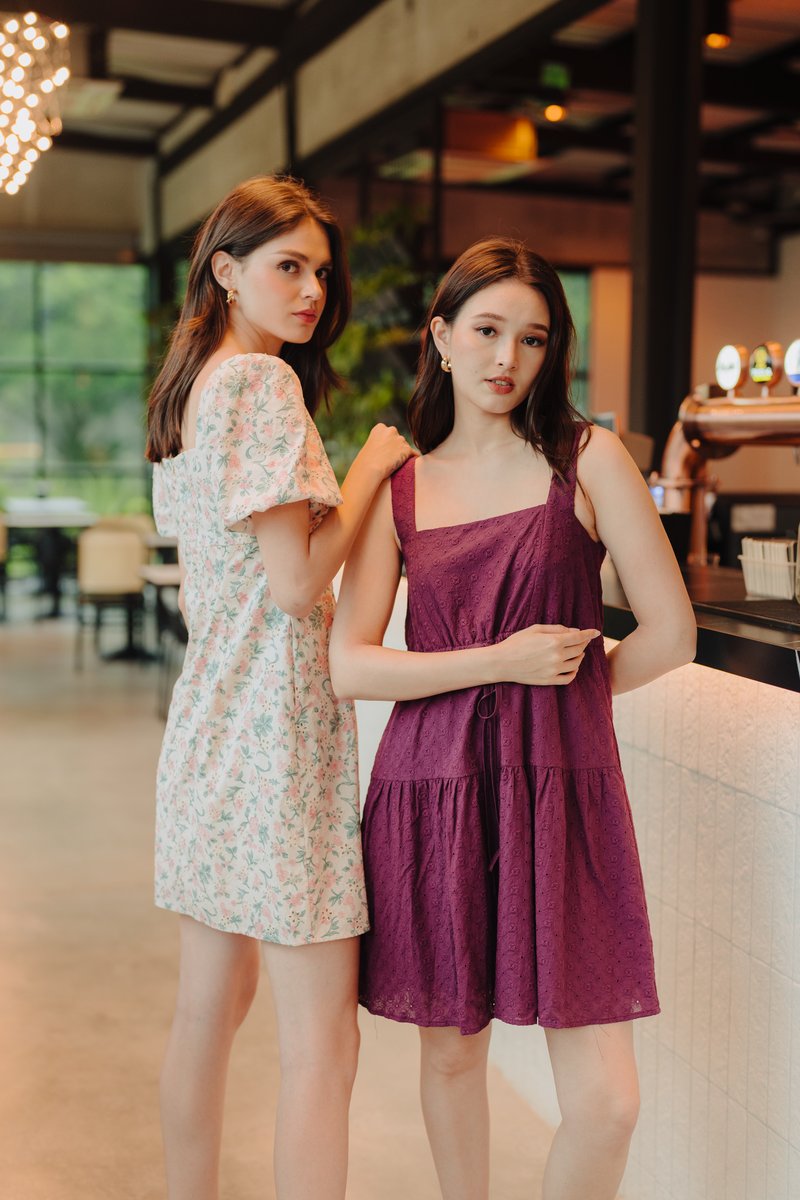 Penny Eyelet Drawstring Dress in Deep Purple (XS)