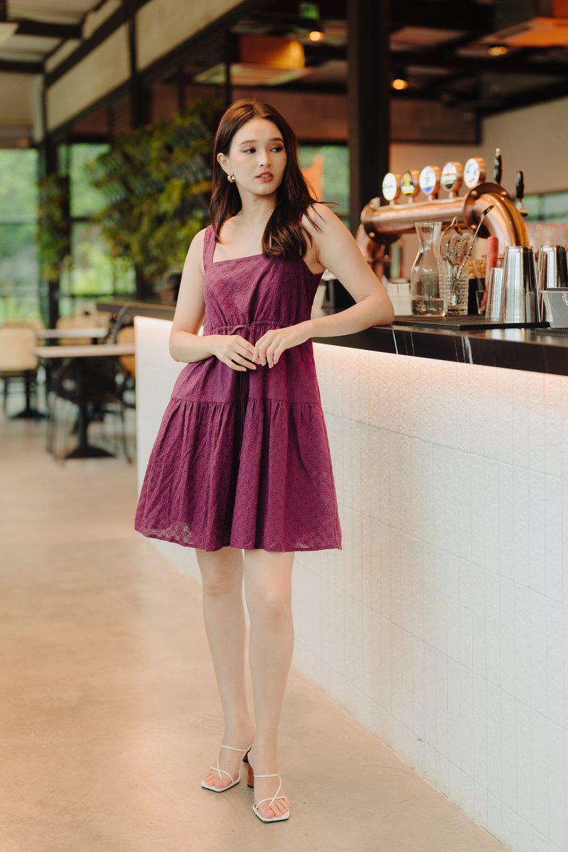 Penny Eyelet Drawstring Dress in Deep Purple (XS)