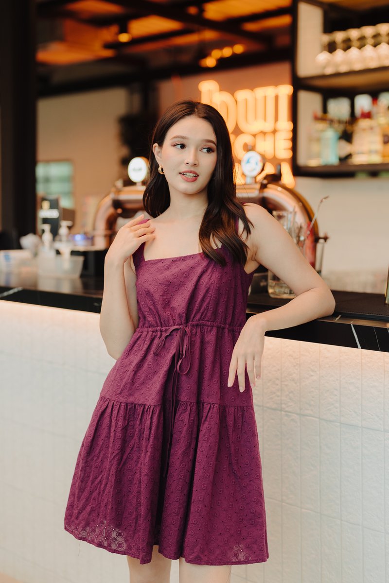 Penny Eyelet Drawstring Dress in Deep Purple (XS)