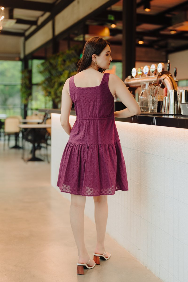 Penny Eyelet Drawstring Dress in Deep Purple (XS)