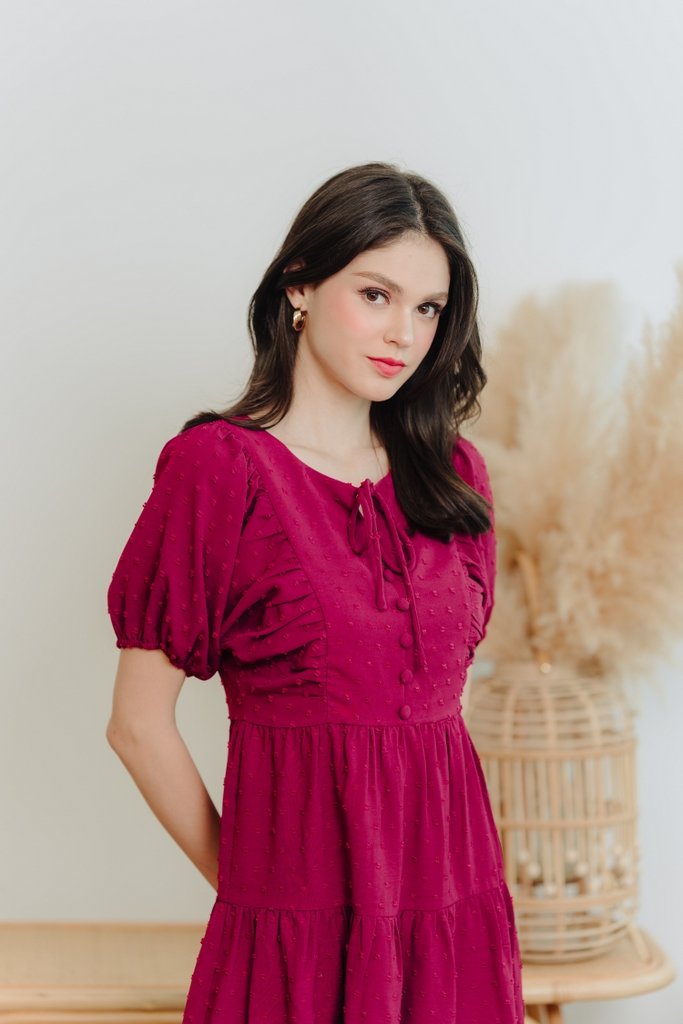 Niamh Swiss Dots Puff Sleeve Dress in Wine Red (XS)