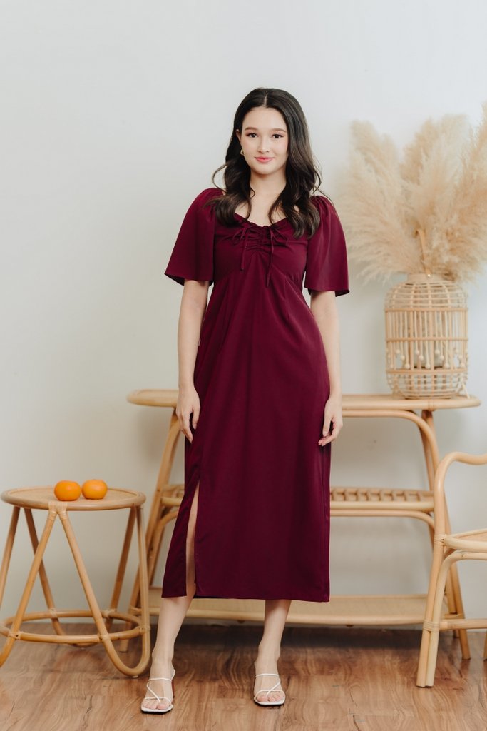 Freya Ruched Midi Slit Dress in Wine Red(M)