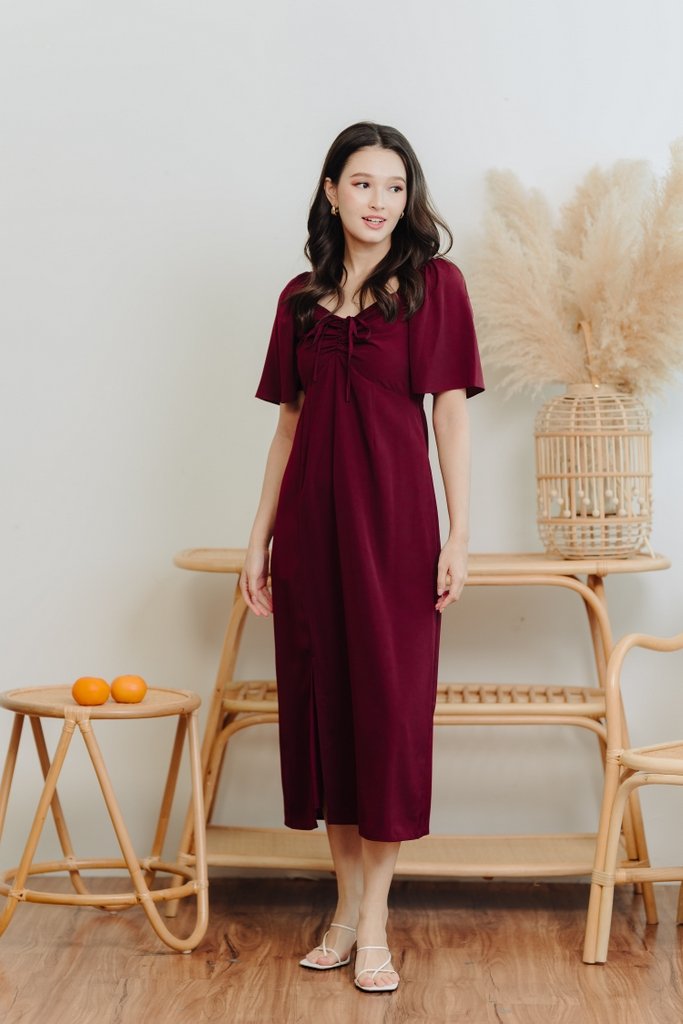 Freya Ruched Midi Slit Dress in Wine Red(M)