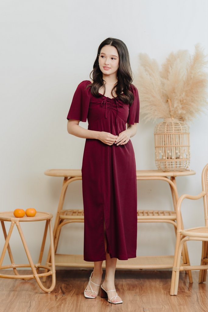 Freya Ruched Midi Slit Dress in Wine Red(M)